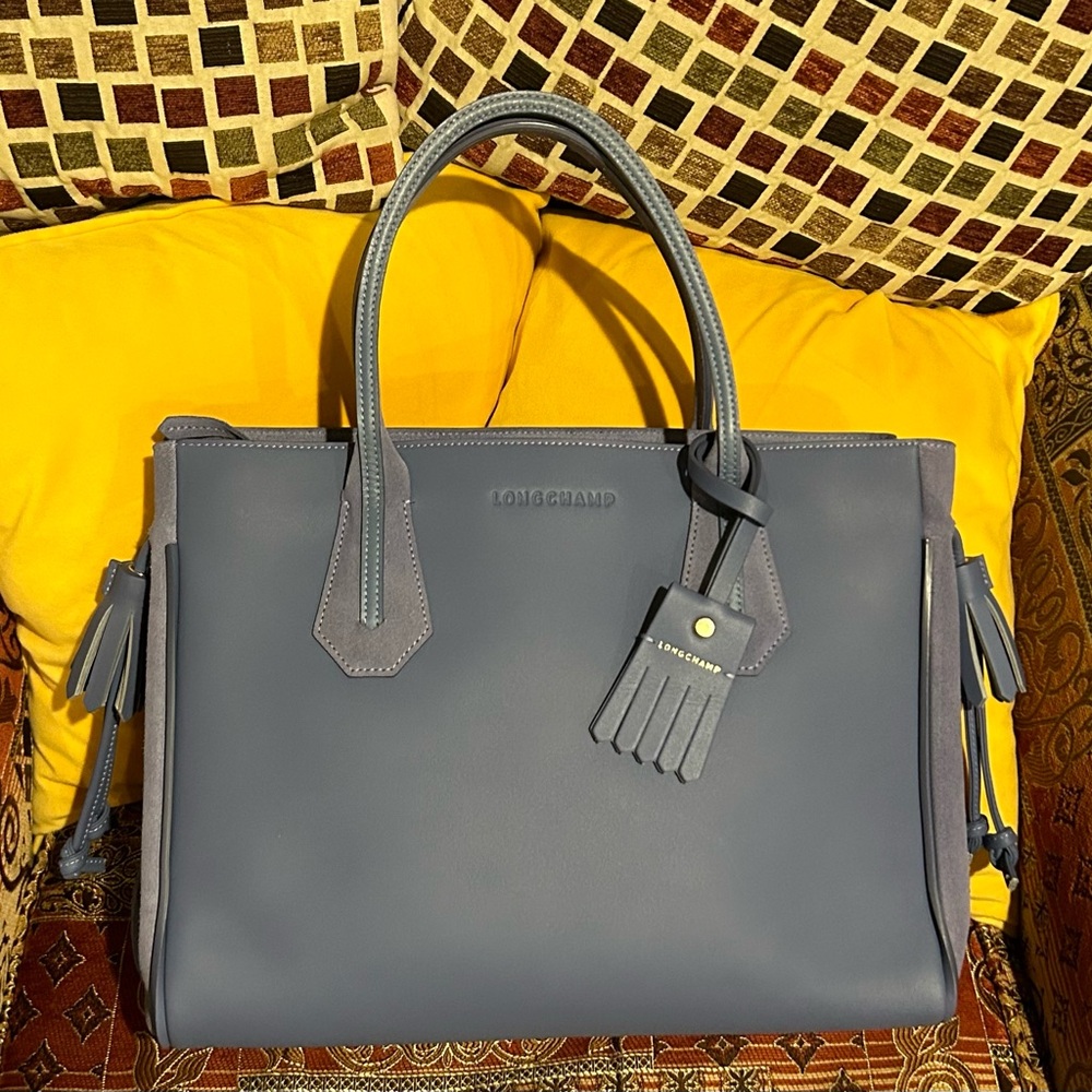 Longchamp Penelope Fantaisie Leather Suede Tote Periwinkle Blue Purple